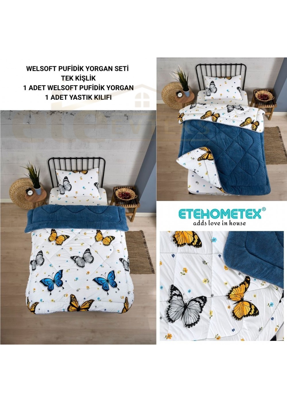 ETE HOMETEX TEK KİŞİLİK LÜX WELSOFT YORGAN SETİ KELEBEK İNDİGO 155X215CM 8696474231930